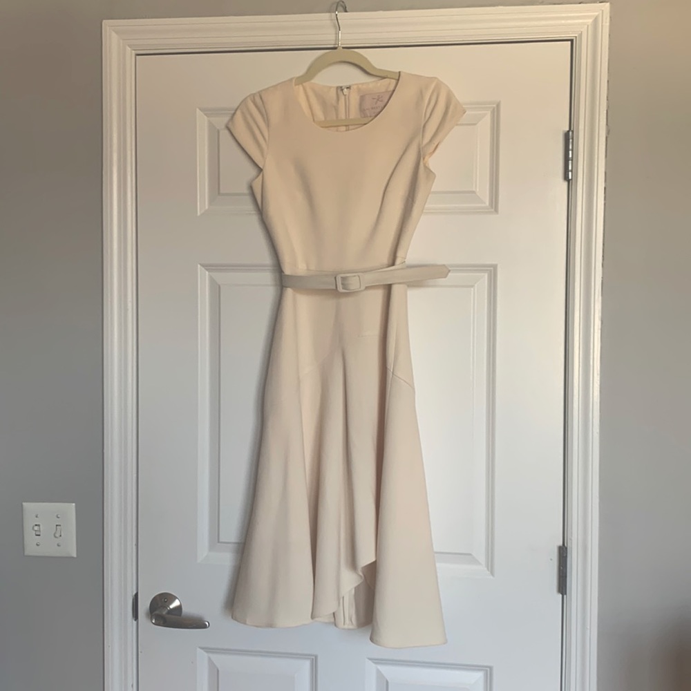Off-white belted Gal Meets Glam fit and flare midi dress with asymmetrical hem